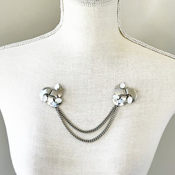 Vintage Moonstone Collar Brooches with Chains Cabochons Cardigan Sweater - Picture 1 of 8
